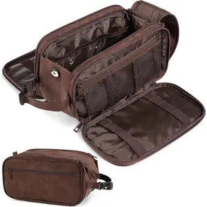Large Toiletry Bag for Men Women, Mens Travel Bag Toiletries Organizer Case for , Travel Essentials Shaving Dopp Kit, PU Leather Water Resistant  Pouch, Dark Brown