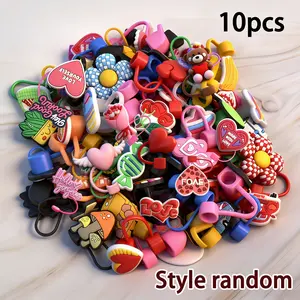 Valentine's Day Straw Caps Set, Reusable 10mm Straws, Random Patterns, 3D & 2D Elements, Party Favors, Gift for Loved Ones, Straw Spout Lid