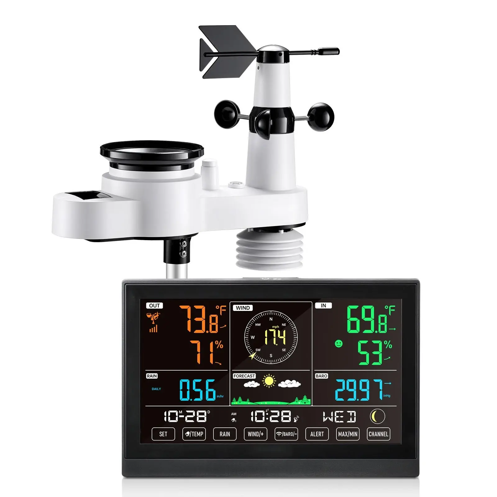 5-in-1 Wireless Weather Station with 7.5-Inch LCD Display, Indoor Outdoor Thermometer, Humidity and Air Pressure Sensor, Forecast Weather Update, Wireless Transmission, Easy Setup, Battery Powered Home Weather Monitoring System