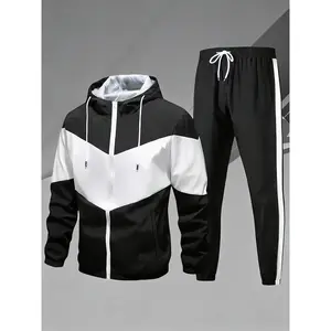 Men's Casual Sportswear Set: Color Block Hooded Jacket + Drawstring Pants, Daily Casual Track Suit