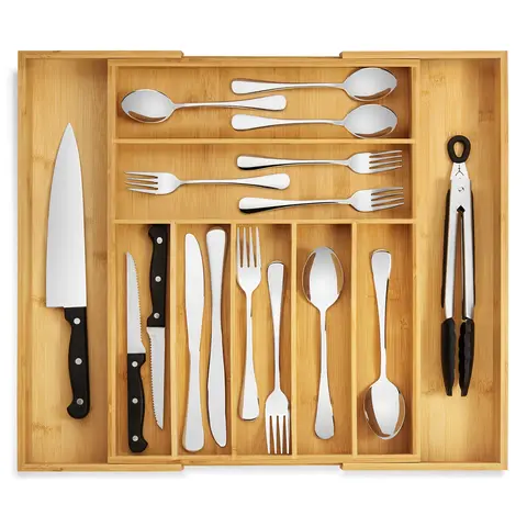 Expandable Bamboo Drawer Organizer With Dividers, Adjustable Storage Box For Kitchen Utensils, Cutlery, Knives, And Stationery, 17.5" x 13" x 2"