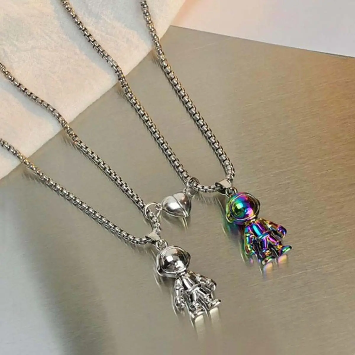 Couples Necklace Stack, 2-Piece Magnetic Astronaut and Heart Pendant Set with Matching Link Chains for Valentine's Day