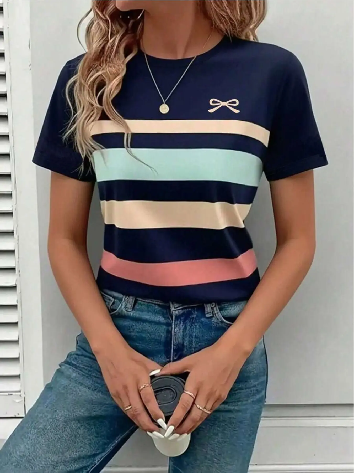 Women's Casual Loose Color-Block Striped Print Round-Neck Short-Sleeved T-Shirt, Summer Outdoor Daily Wear, Fashionable Top, Great as a Gift