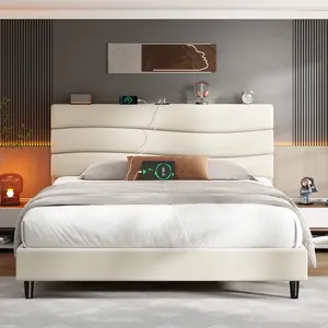 【Jumpstar On Sale】Raybee Modern & Quiet Luxury Upholstered Bed Frame with Adjustable Headboard【Frame ONLY,No Box Spring Needed】Center Support & Noise-Free Wooden Slats,Built-in Charging Station,Heavy Duty&Easy Assembly,The perfect first bed for teenagers