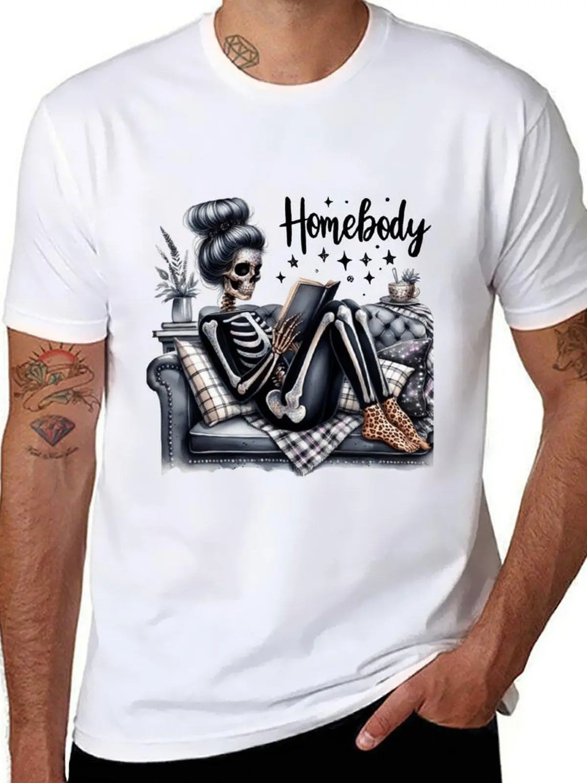 Women's Homebody Glitter Skelly Graphic T-Shirt, Casual Cotton Shortsleeve Round Neck Unisex Super Soft Tee