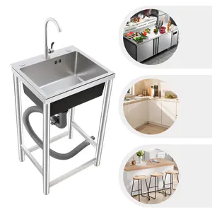 CNCEST Stainless Steel Sink with Faucet Free Standing Utility Sink Single Bowl Large Capacity Modern Design Anti-Condensation Coating 45x41.75x26cm