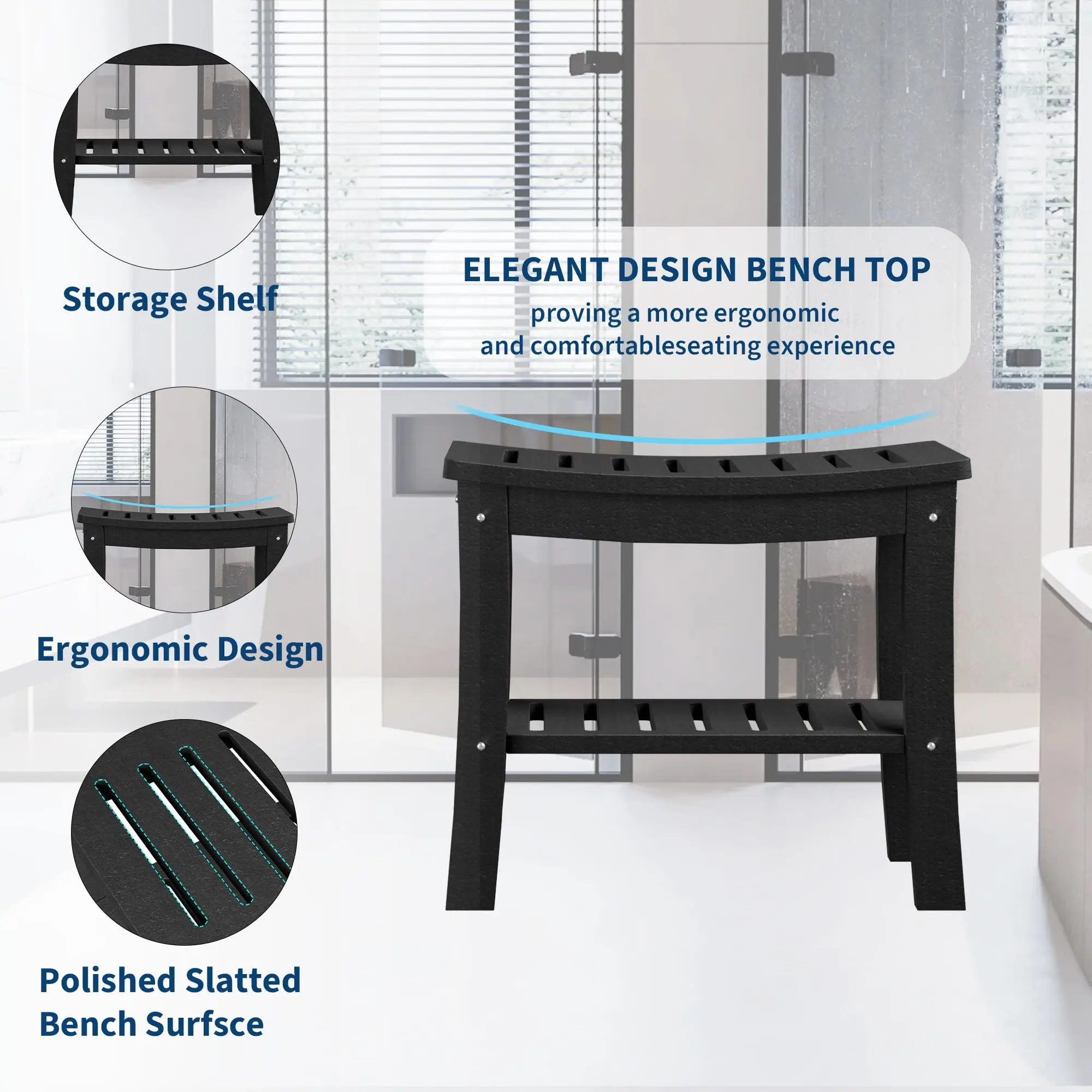 HDPE Waterproof Shower Bench with Storage Shelf – 20.6" Non-Slip Bathroom Stool, 400lbs Capacity, Comfortable and Sturdy Seat for Bathtub, Spa, Elderly, Shaving Legs