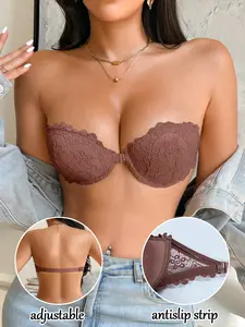 Lace Strapless Front Buckle Push-Up Bra, Adjustable Straps, Backless Design, Non-Slip Band, Comfortable Underwear for Women