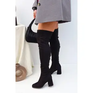 Mandy Block Heel Over The Knee Boots - Black Suede