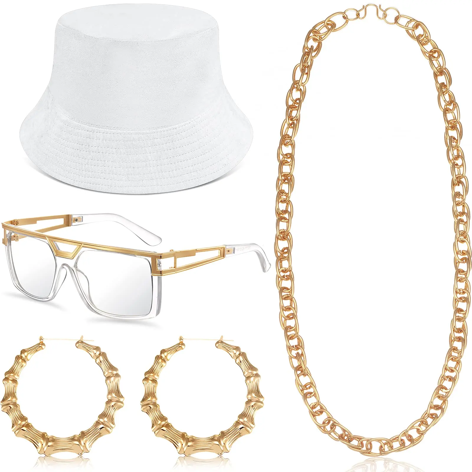 Vintage 80s-90s Hip Hop Fashion Jewelry Set & Accessory Set, Men’s Women’s Rapper Costume Kit with Outfits and Jewelry