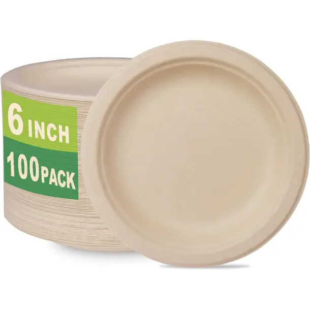 New Deal -  100 Count 6“ Small Compostable Dessert Plates, Heavy-duty Unbleached Biodegradable Bagasse and Bamboo fiber Paper Plates
