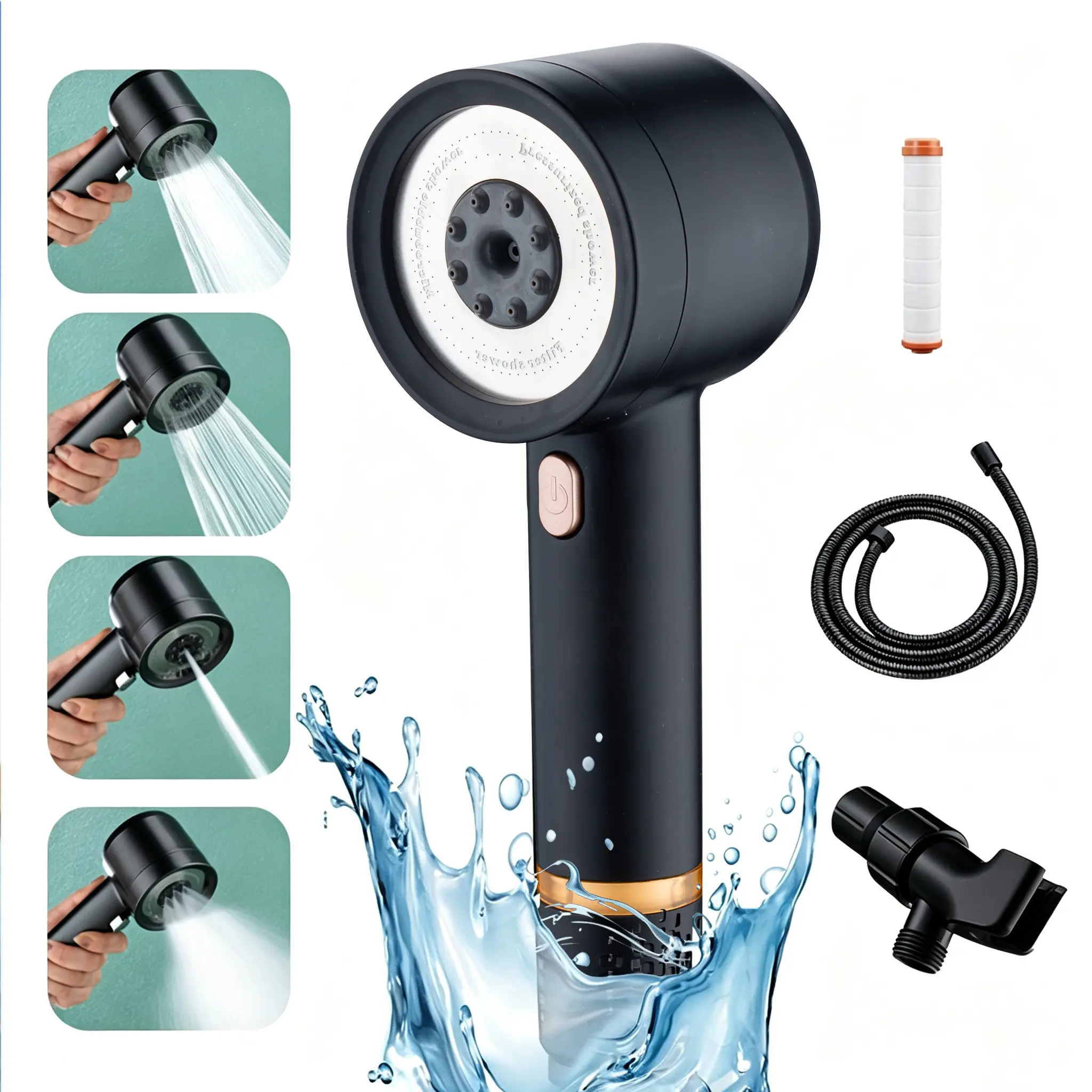 High-Pressure Handheld Filtered Showerhead Set with 4-Speed Adjustable Massage, Stainless Steel Panel, Universal Interface, Hose Holder, Hard Water Filter Element - Bathroom Shower Fixtures, Shower Water Equipment