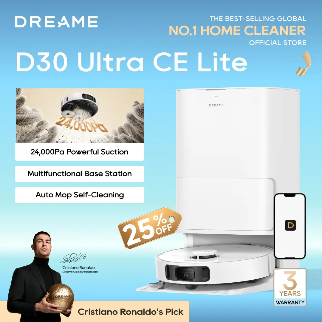 DREAME D30 Ultra CE Lite Robot Vacuum and Mop with Auto Dust Emptying, 25,000Pa Suction, 0.41in Mop Lifting, Multifunctional Base Station, Mop Self-Washing, Smart Obstacle Avoidance, White