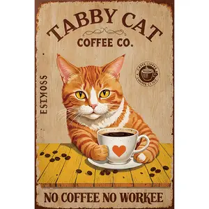 WEIYOOBY Vintage Tabby Cat Coffee Shop Metal Wall Decor - Retro Cafe Sign with "NO COFFEE NO WORKIE", Orange Tabby Cat Art - Heavy-Duty Tin Plaque for Home, Kitchen, Coffee Bar, Cafe - Easy Hang Pre-Drilled Holes - 8x12 Inches, Coffee Bar Decor, Kitc