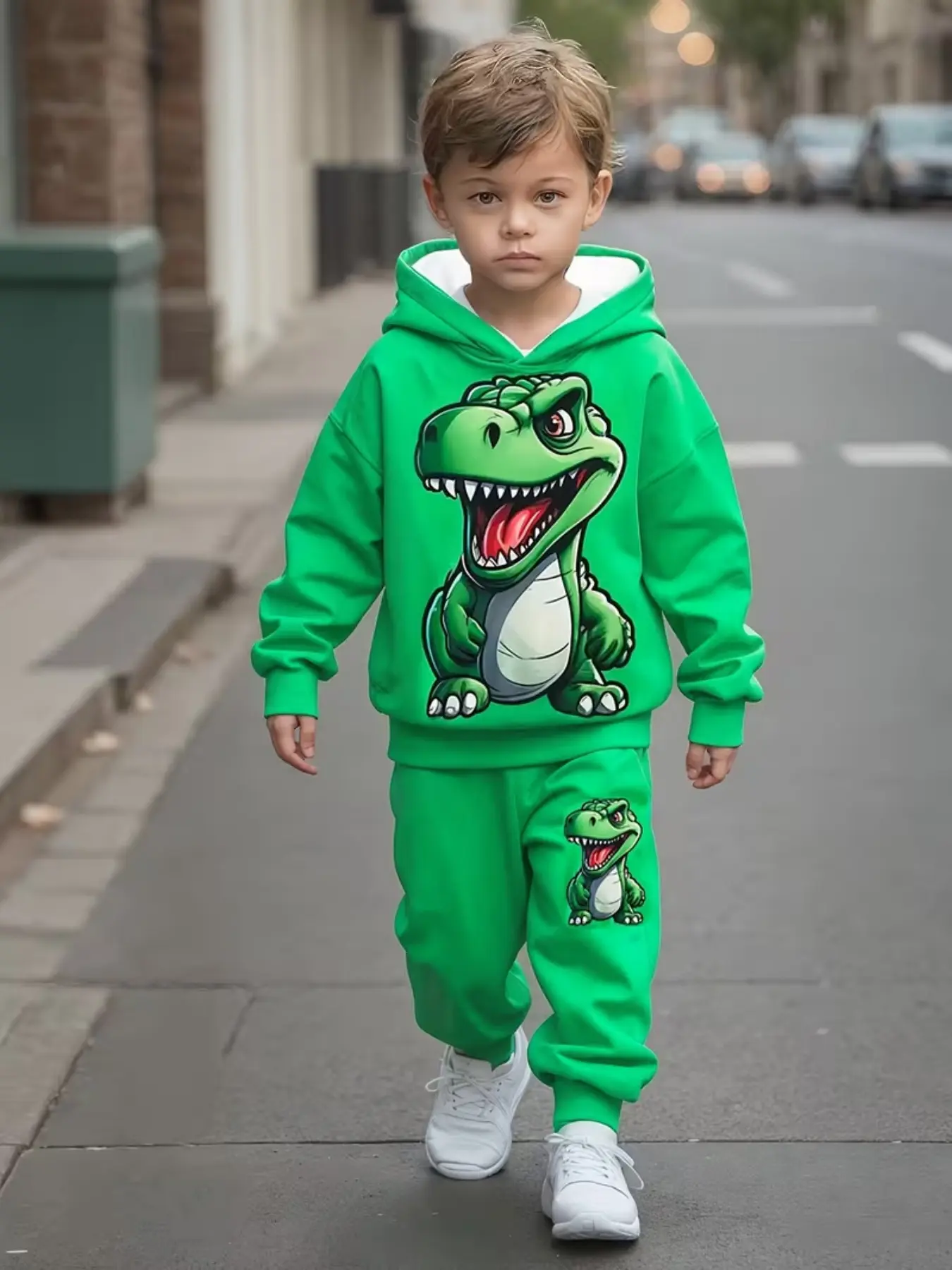 Boys' Spring Summer Dinosaur Print Hoodie Set, Cartoon Tyrannosaurus Rex Pattern Casual Two-Piece, Kids Fashion Apparel