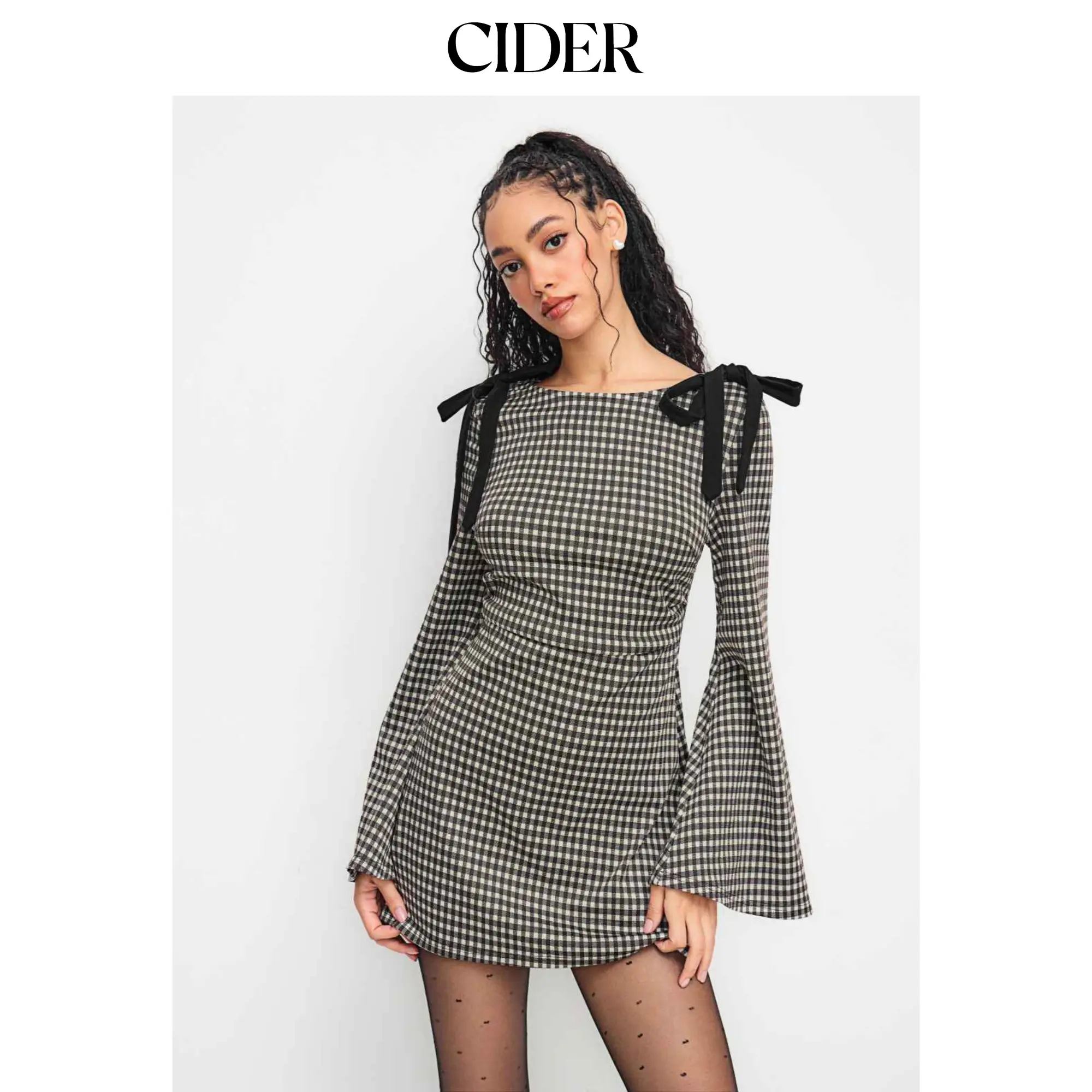 Cider Women's Casual Gingham Cotton-Blend Mini Dress - Boat Neck, Ruched Bodice with Bowknot Accent, M, Going Out