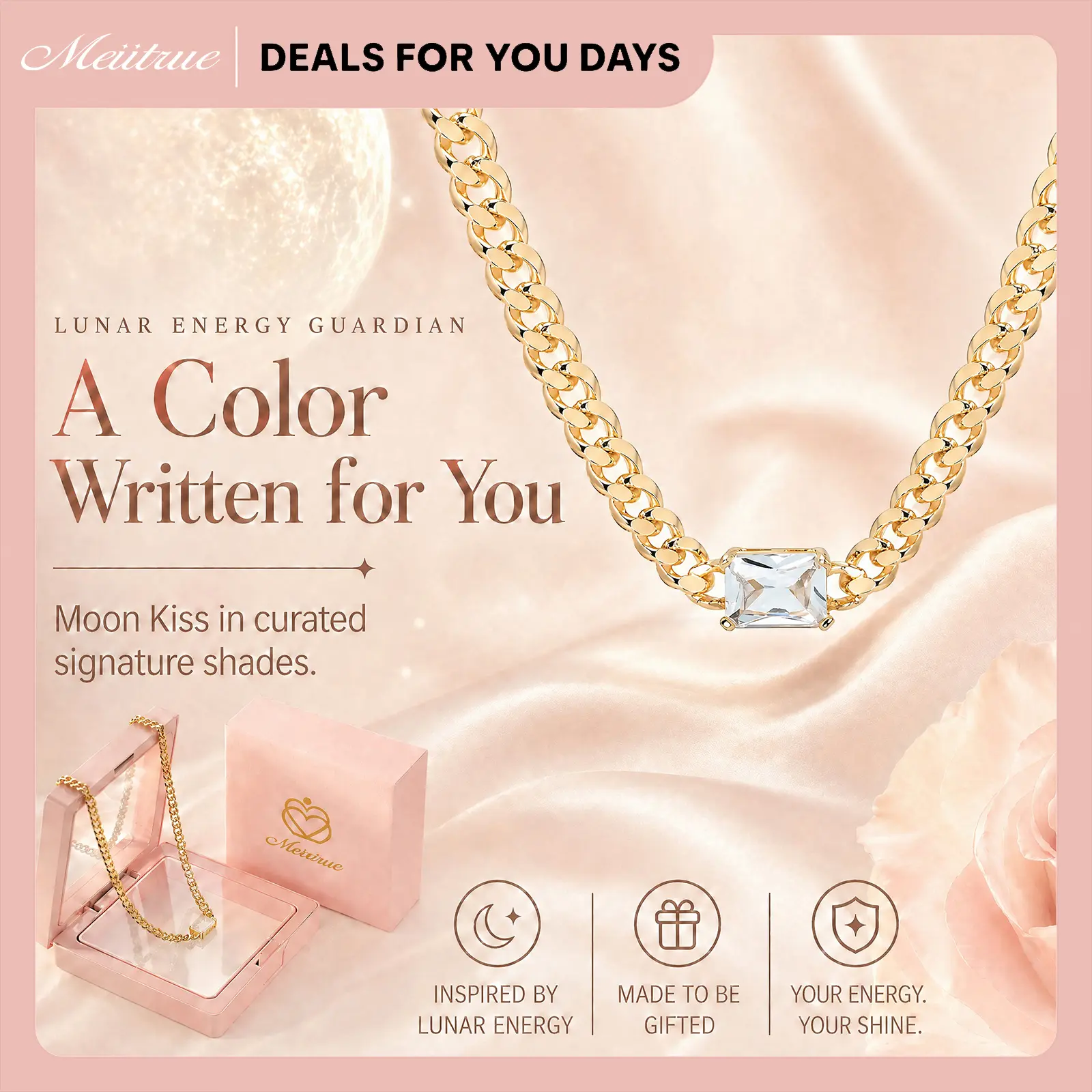 MEIITRUE Lunar Energy Guardian MOON KISS Dainty Color Pendant Necklace for You She and Her – 14K Gold Plated  Cubic Zirconia Pendant Hypoallergenic Fade Resistant Cuban Link Choker, Curated Signature Shades, Perfect Gift for Women