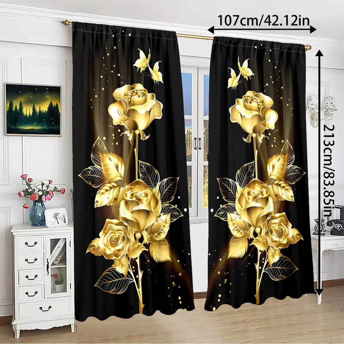 2pcs Background Gold Rose Pattern High Definition Digital Print Curtains, Home Decorative Curtain, Polyester Material, Semi-Transparent Privacy Protection, Window Curtain, Room Decor Curtain, Home Decoration Curtain