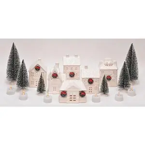 LED Porcelain Christmas Village Set 18-Piece Lighted Mini Houses and Trees Holiday Tabletop Decor Battery Operated Mantel Winter Village Display
