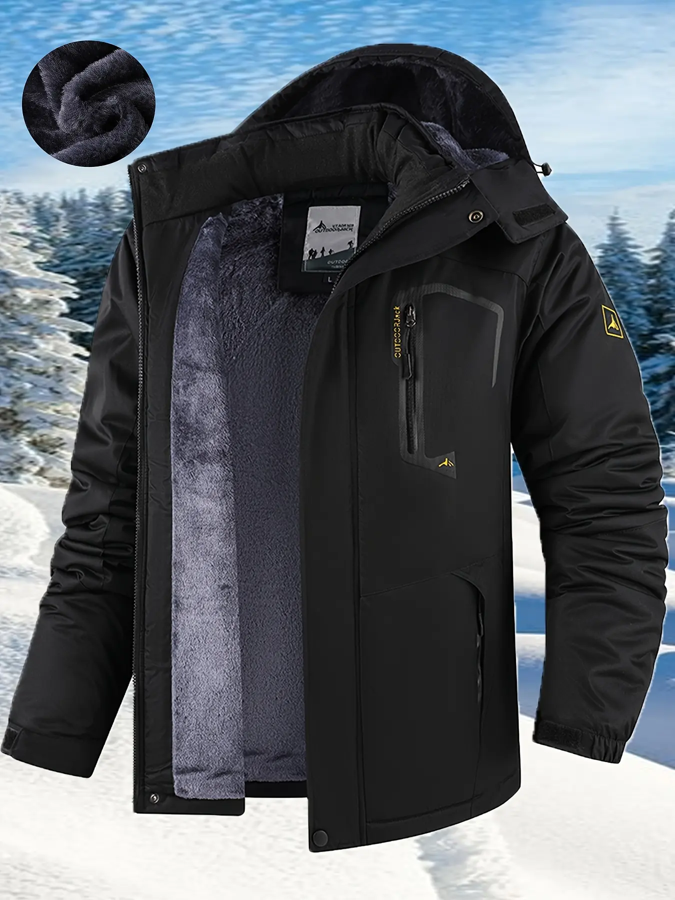 Male Long Sleeve Polyester Fiber Softshell Coat - Men's Thick Winter Ski Jacket with Insulated Fleece Lining, Detachable Hood, Adjustable Cuffs, Zippered Pockets, Hand Wash Only, Suitable for Skiing, Snowboarding, Cold-Weather Adventures