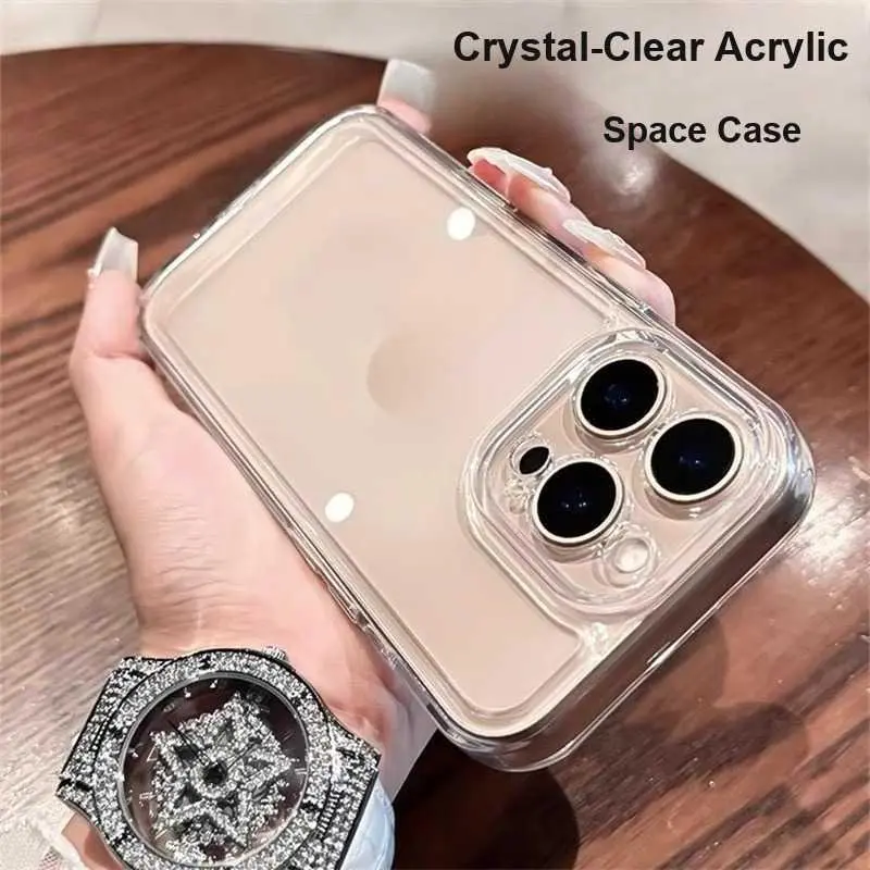 For iPhone 17 Pro Phone Case Clear Acrylic Electroplated Buttons For iPhone 15 Space Case For iPhone 16e Cover For iPhone 11 HNU48