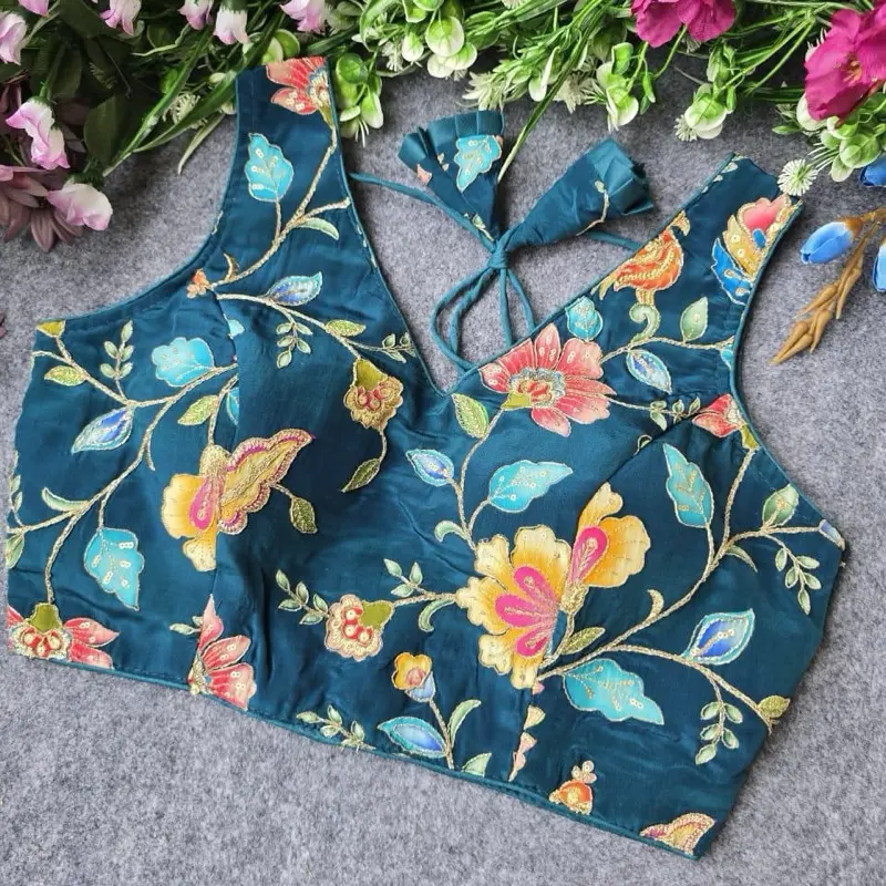 Women's Ready Made Saree Blouse Party Wear Indian Thread Work with Colorful Floral Embroidery Design