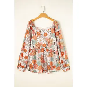 Khaki Plus Size Flower Print Square Neck Peplum Blouse