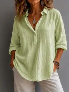 2026 Spring Summer Women's Linen Breathable V Neck Shirt, Solid Color Loose Long Sleeve Casual Blouse, Style Fashion Top, Womenswear