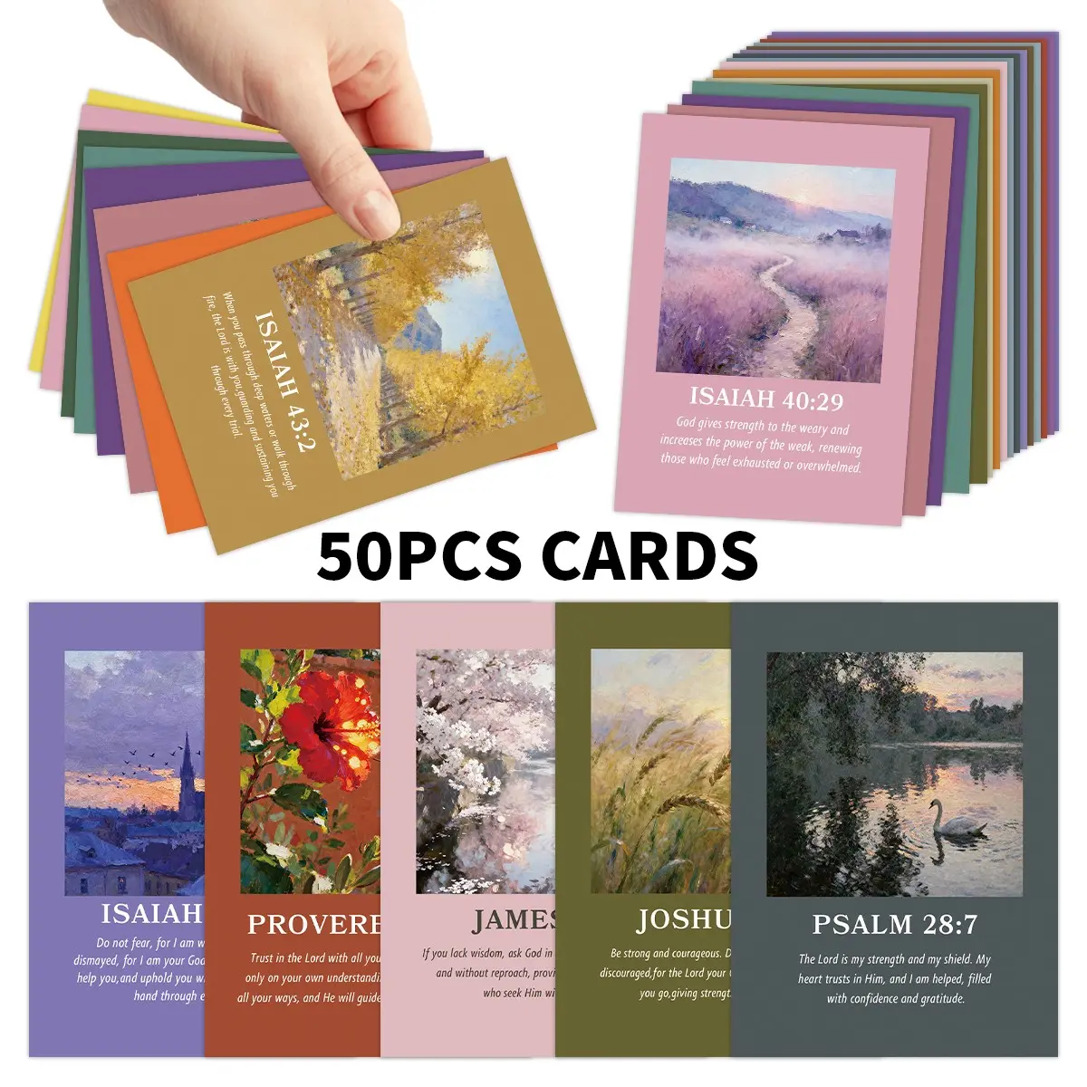 50 Bible Prayer Cards, Christian Landscape Illustrations, Vintage Oil Painting Inspirational Blessing Postcards, Church Activity Gift Set, Inspirational Greeting Cards