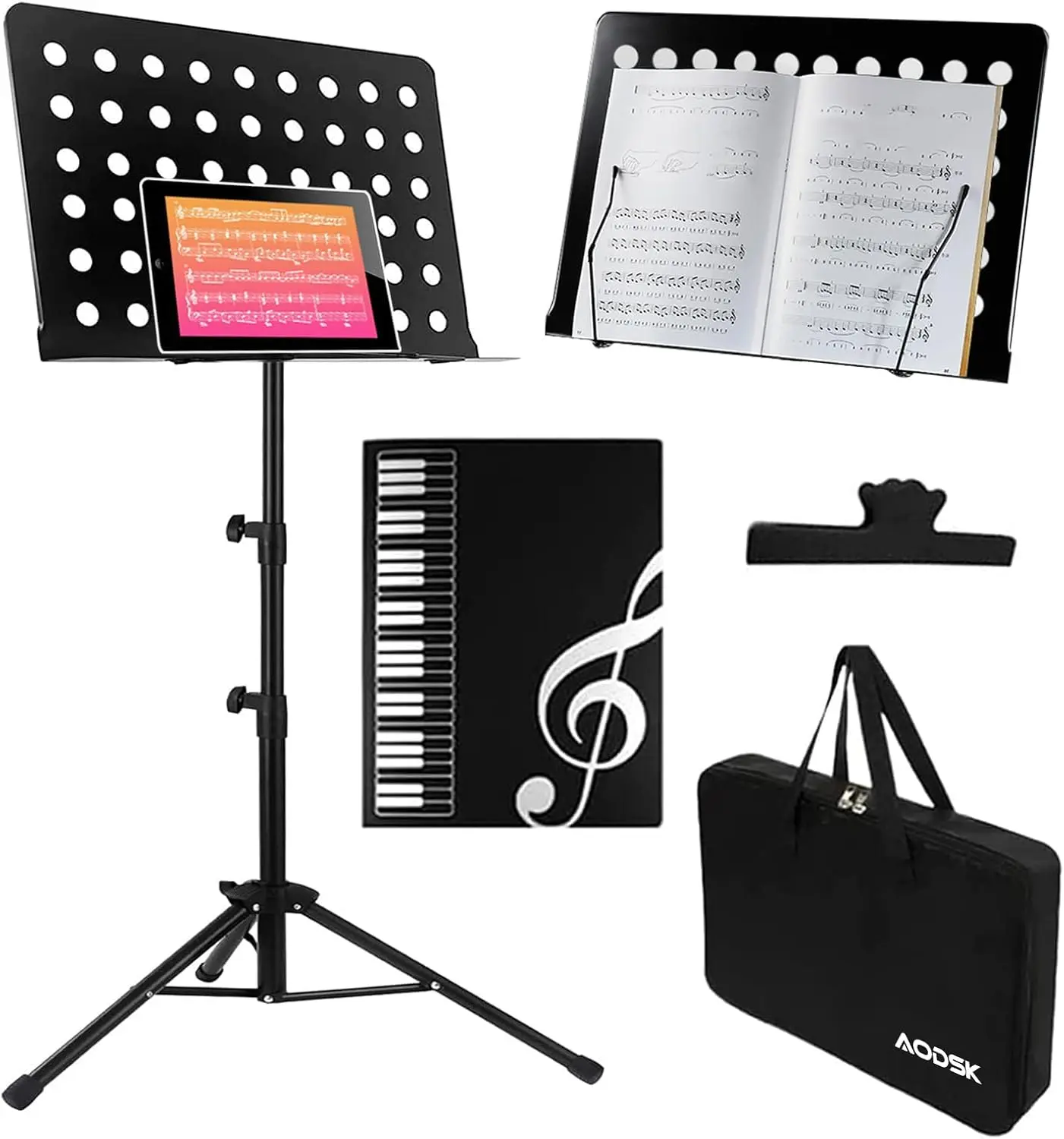 Music Stand, Metal Professional Portable Perforated Sheet Music Stand, Adjustable Music Stand, Equipped with a Carrying Bag, Clip Holder, Music Folder, 2 in 1 Music Bookshelf
