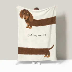 "Good Things Take Time" Dachshund Flannel Blanket Throws 30x40 In with Heart Pattern & Dachshund Design for Cozy Comfort
