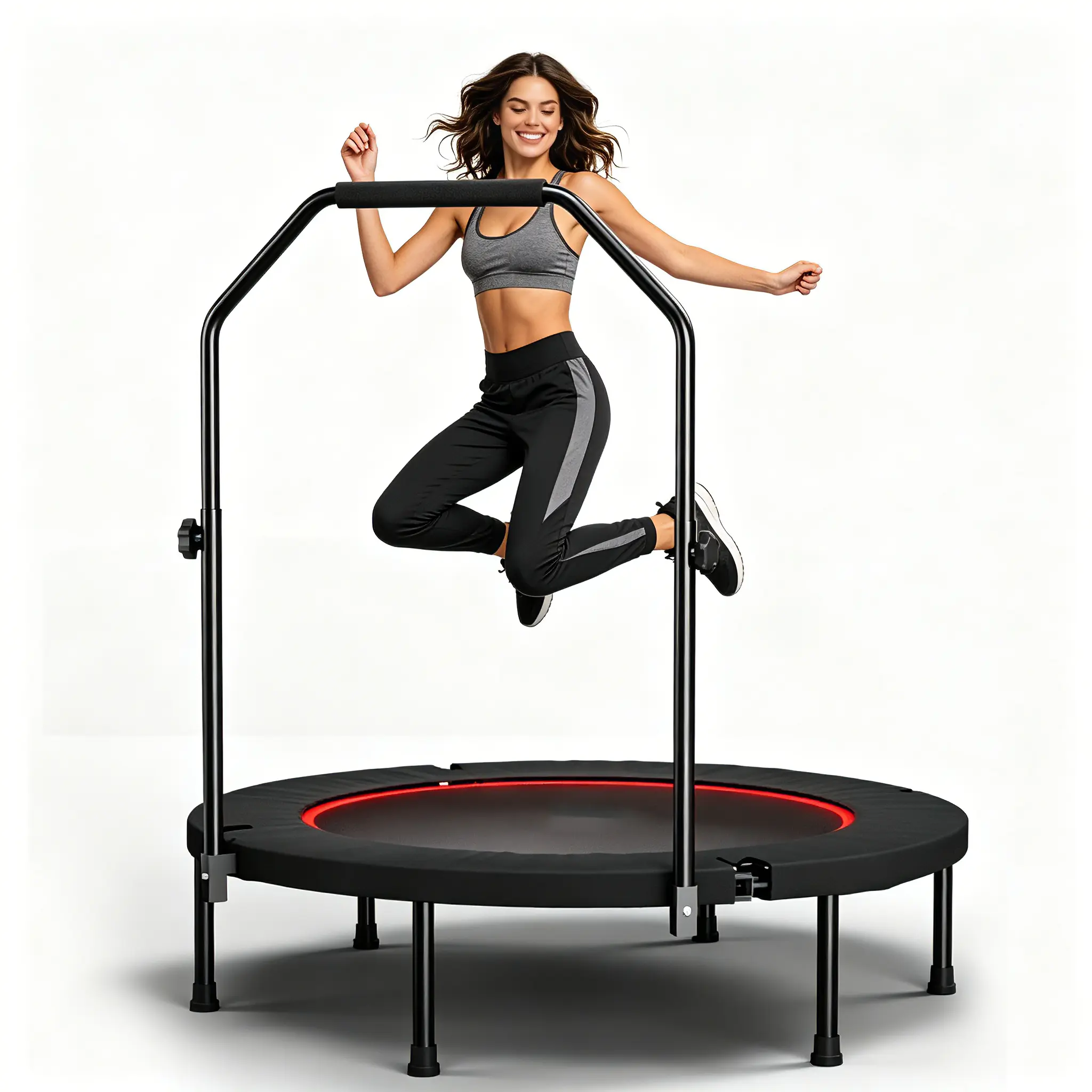 40-Inch Foldable Rebounder Trampoline with Handle, Steel Frame, 6-Leg Stable Support, Silent Jumping Design, Adjustable Height Safety Handrail, Indoor Workout Fitness Equipment for Adults, Cardio Gear, Fitness for Everyone
