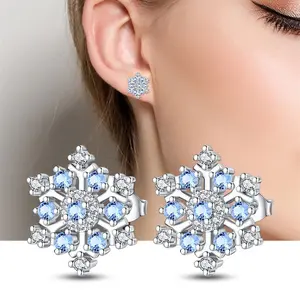 925 SterlingSilver Blue Cubic Zirconia Snowflake Stud Earrings Women Gift