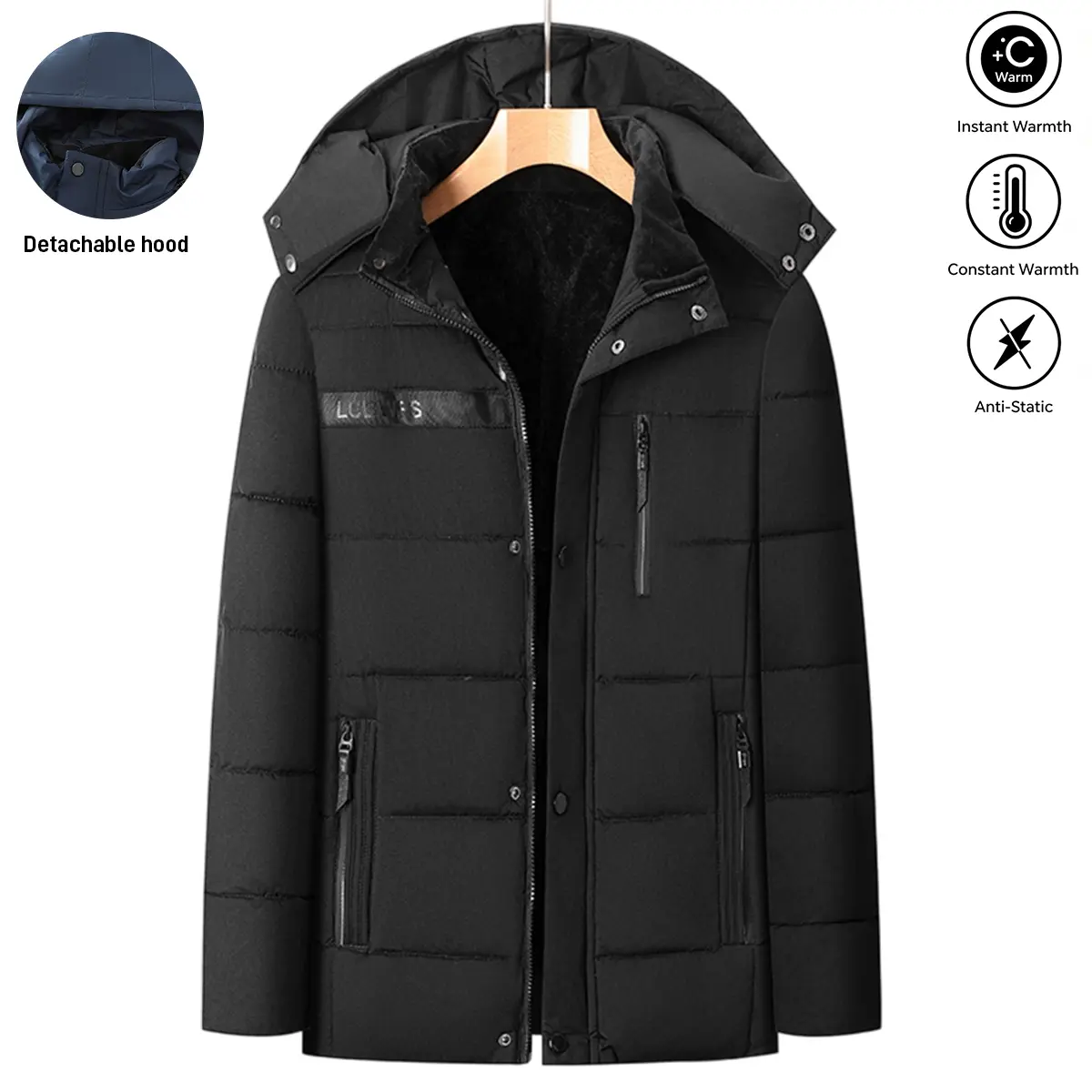 Men'S-Detachable Hooded Jacket, ThickFleece Lined Warm Winter Parka,  BusinessCasual Outerwear Windproof Waterproof Insulated for Outdoor Activities Cold Weather Machine Washable Best Dad Gift