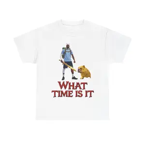 Funny What Time Is It Graphic T-Shirt, Adventure Style Meme Tee, Fantasy Inspired Hero and Bulldog Design Shirt, Viral Humor Streetwear Top, Trendy Statement Graphic Tee, Unisex Gift for Meme Lovers, Gamers, and Pop Culture Fans Casual Everyday Wear Style