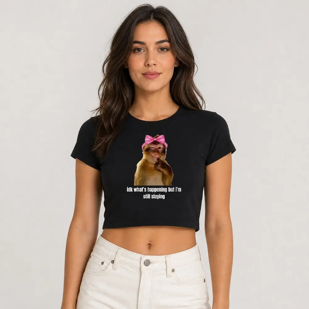 Women’s Gorilla Quote Graphic Crop Top, Funny Animal Print Baby Tee, Casual Slim Fit Short Sleeve Cropped Shirt