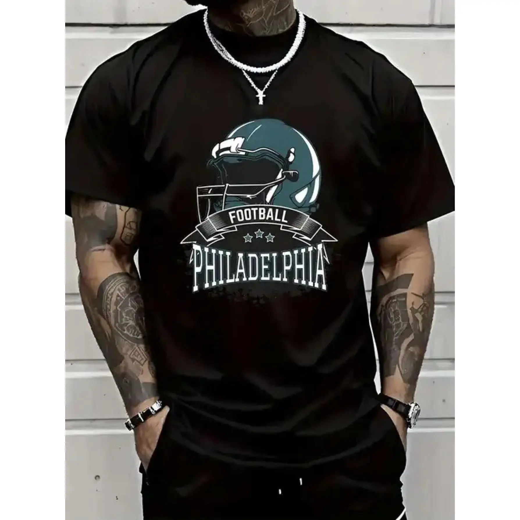🏈 🔥 Local Philadelphia Men's Philadelphia Graphic-Shirt- Short Sleeve Round Neck Tee with Helmet Print, Street Style Casual Sports Training, Running& Outdoor Activities ( Regular Fit), Digital Heat Transfer