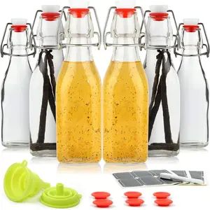 8.5 oz 6-Pack Flip Top Swing Top Glass Bottles for Homemade Extracts Kombucha Coquito Juice, Airtight Leak-Proof Caps with Funnel Extra Gaskets Labels & Marker