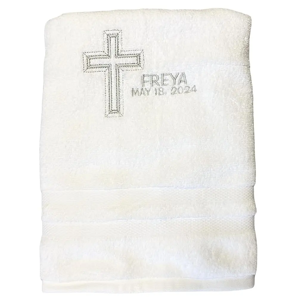 100% Cotton Terry Cloth Baptism Cross Custom Embroidered Bath Towels & Washcloths - Water Absorbent, Perfect Keepsake Gift for Teens & Grandparents