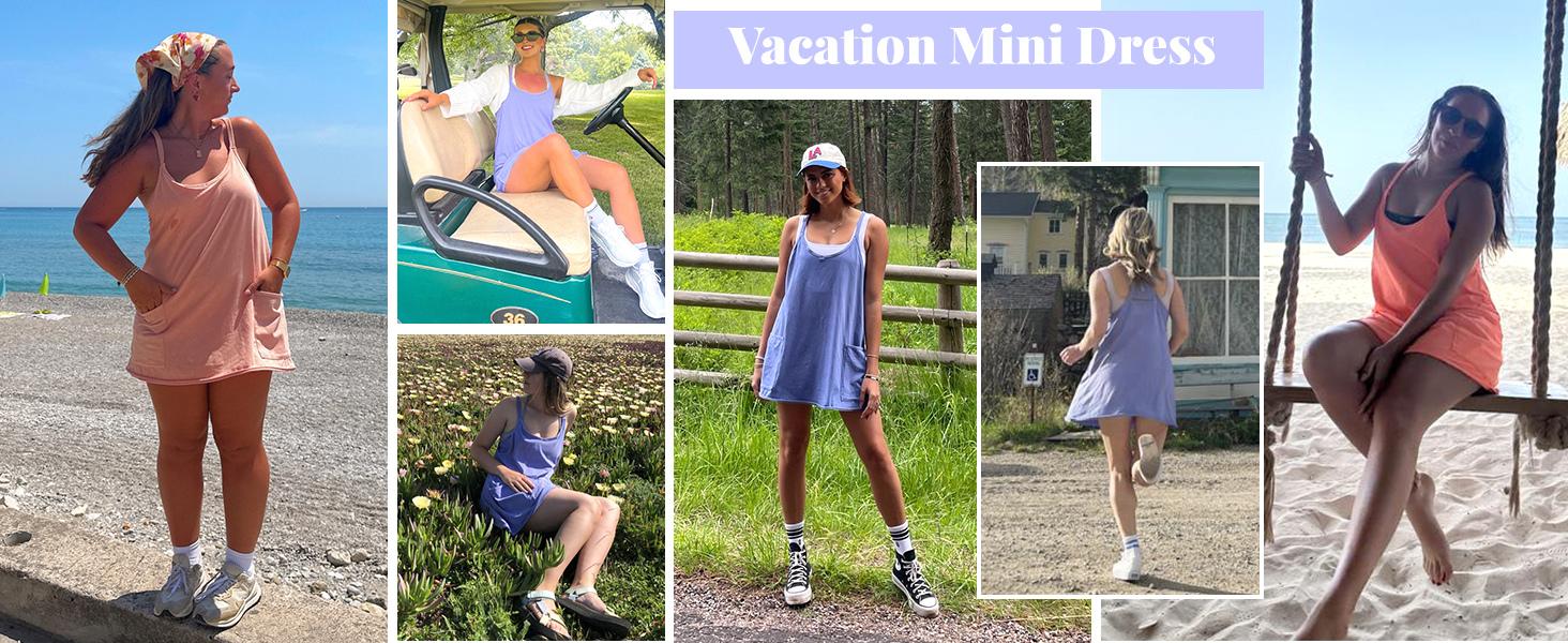 SCUSTY Women's Summer Sleeveless  Mini Dress with Built-in Shorts V Neck Spaghetti Straps Athletic Shorts Tennis Dress with Pockets