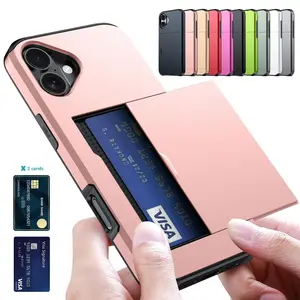 [Free/ship] For iPhone 16 Pro Max 2024 15 14 Plus 13 12 Mini 11 Pro XS XR 78 Plus SE 2020 New Design Heavy Duty Case STORAGE holds 3 cards slide card Slot Holder Wallet Shockproof Bumper Hard Cover