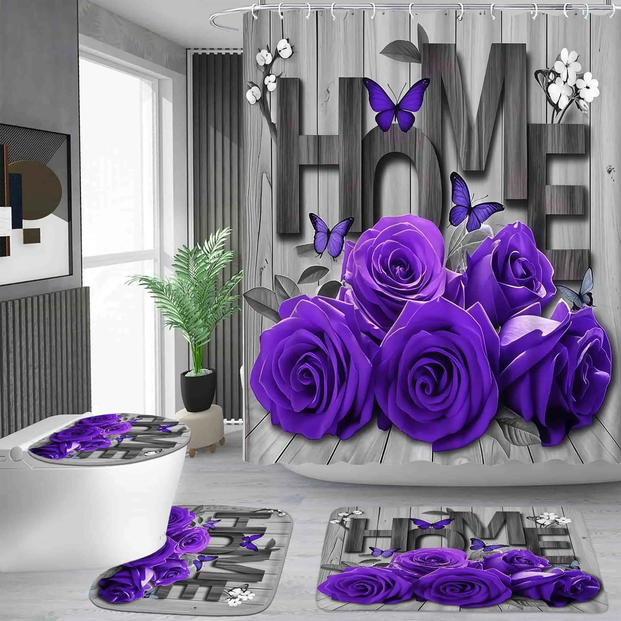Purple rose and butterfly pattern shower curtain set, waterproof shower curtain with 12 hooks, non-slip bathroom carpet, toilet U-shaped cushion, toilet seat cover cushion, bathroom shower curtain set, perfect moving gift.