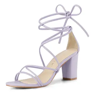 BLISSFUL STEP Women's Strappy Straps Lace Up Chunky Heel Heels Sandals