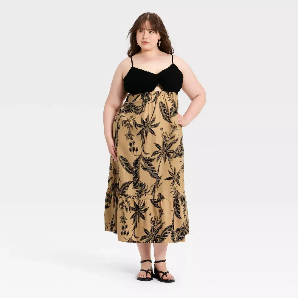A New Day Women's Beaded Strap Bustier Keyhole Cutout Printed Maxi Dress - Black