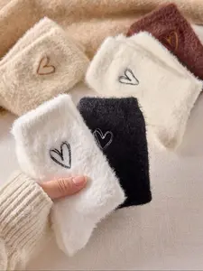 2 Pairs Winter Fuzzy Soft Socks, Men Women Mink Fur Heart Tube Socks, Thick Warm Long Floor Socks, Home Sleep Loungewear Socks, Maternity Socks, Slouch Socks