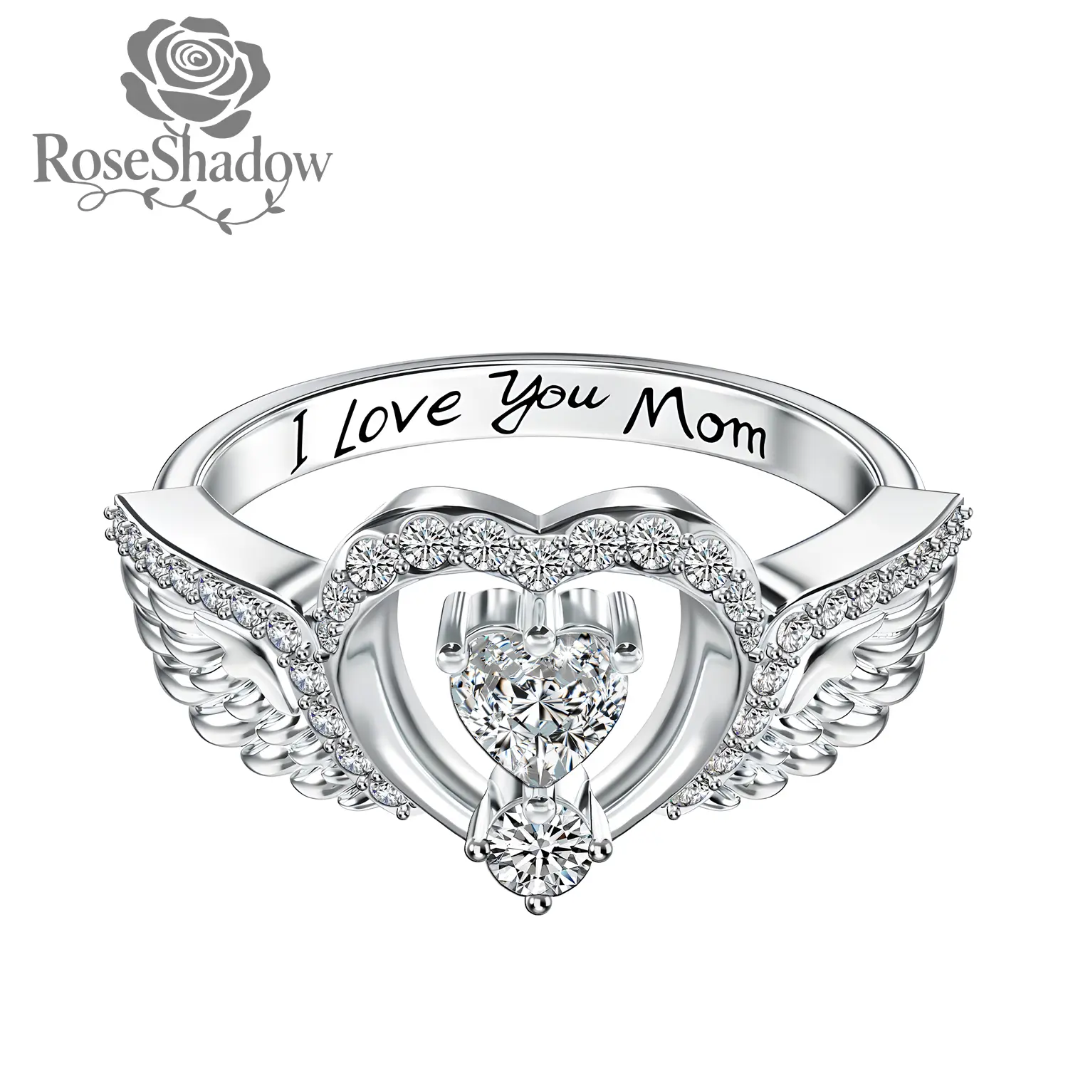 ROSESHADOW Mom Rings 925 Sterling Silver Engraved "I Love You Mom" Mothers Ring Women Birthday Christmas Jewelry Gifts for Mum