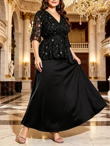 Plus Size V Neck Bubble Sleeve Shirt, Summer New Waist Cinch Slimming Sequin Top, High Waist Skirt Set, Formal Dress, Perfect for Events