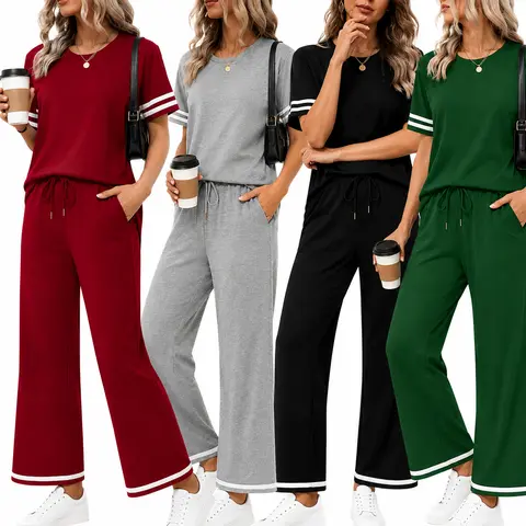 Women's Minimalist 2-Piece Matching Lounge Set - Comfortable Short-Sleeve Neck Top, Wide-Leg Trouser for Summer Vacation Travel (Size Up 1-2 for Oversized Style Fit)