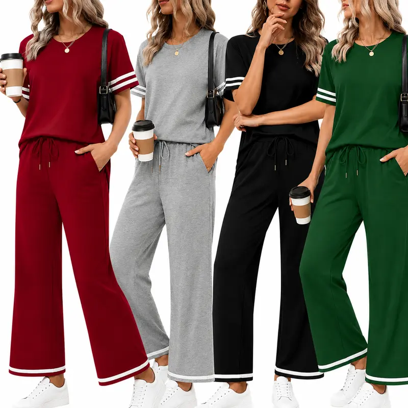 Women's Minimalist 2-Piece Matching Lounge Set - Comfortable Short-Sleeve Neck Top, Wide-Leg Trouser for Summer Vacation Travel (Size Up 1-2 for Oversized Style Fit)