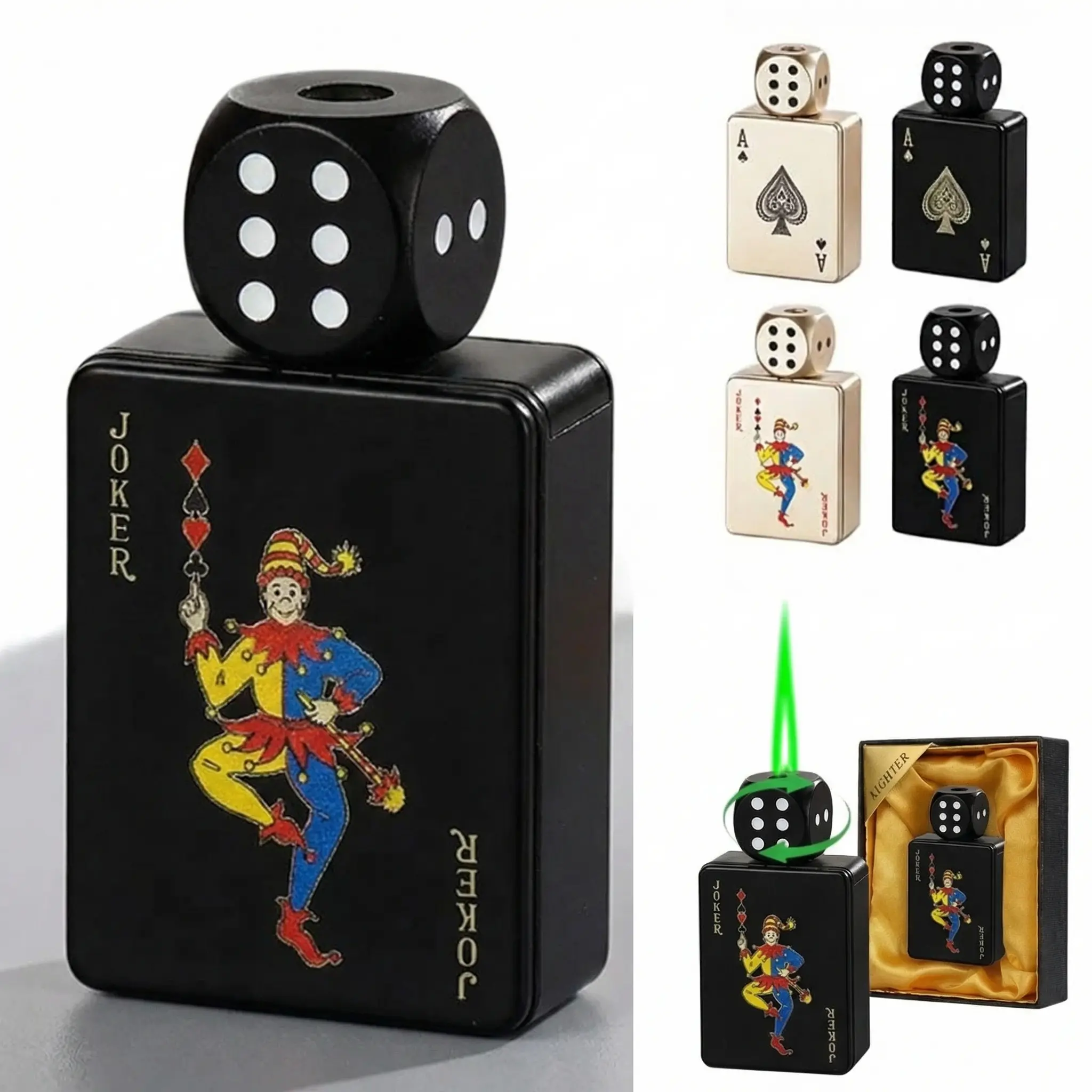 Retro Ace of Spades Rotating Dice Lighter - Windproof Green Jet Flame, Refillable Zinc Alloy Metal Lighter with Box, Poker Themed Collectible Accessories for Adult Outdoor Camping, Unique Holiday/Birthday Gift (1st Use Requires Self-Inflation)